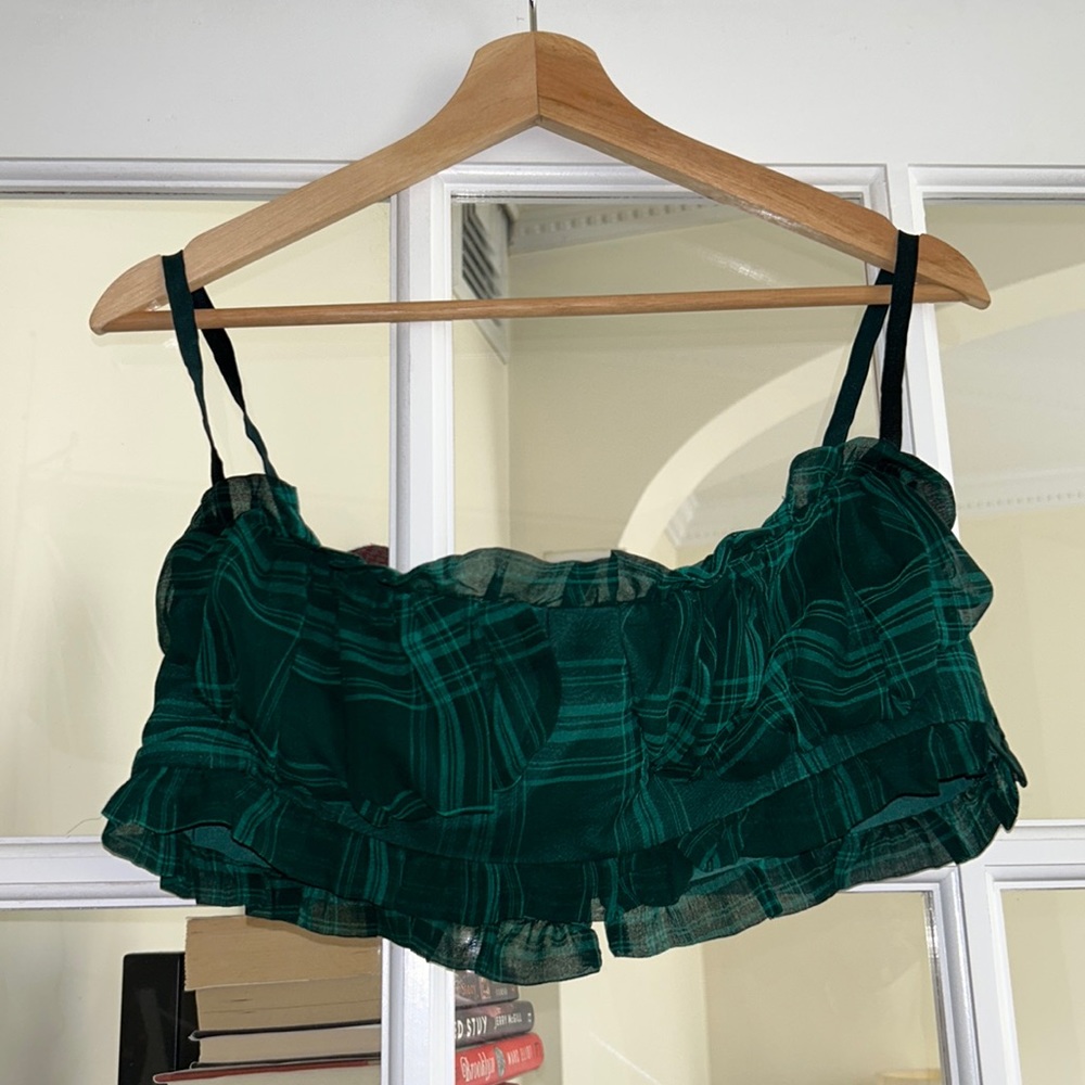 superdown Revolve trendy green tartan ruffle strappy bra top with corset back M